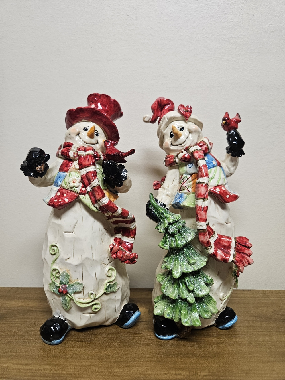 Home Interiors Patches & Padge Festive Resin Snowmen Pair with Red Scarves